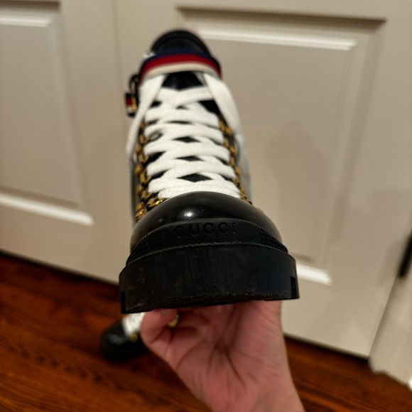 GUCCI GG LEATHER CANVAS ANKLE BOOTS BLACK W/ RED, WHITE, AND BLUE BUCKLE - Picture 12 of 16